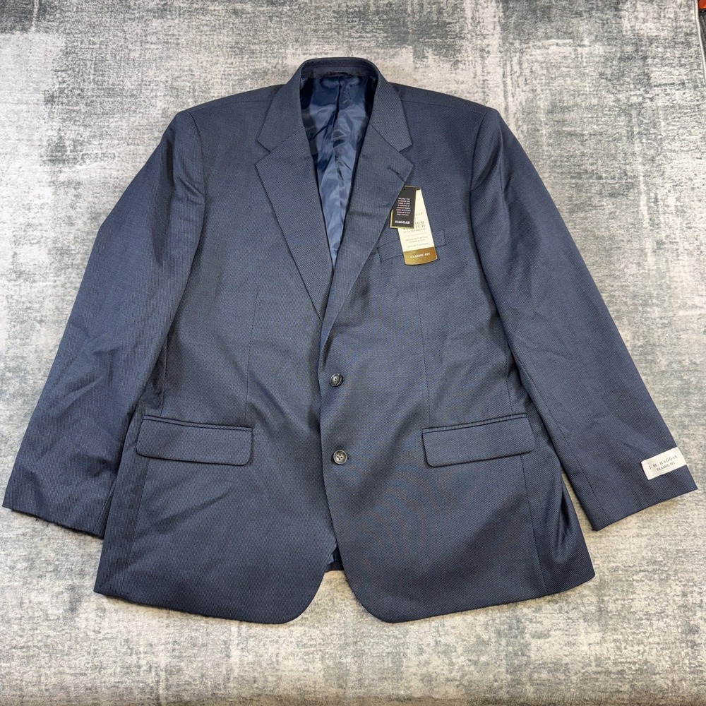 NEW JM Haggar Blazer Suit Jacket Mens 50R Navy Blue Classic Fit Stretch Wedding